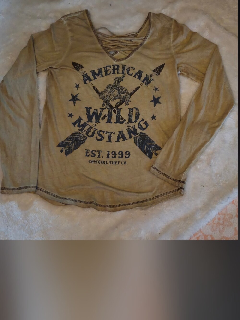 L Cowgirl Tuff Tan Long-Sleev American Wild Mustang' Tee
